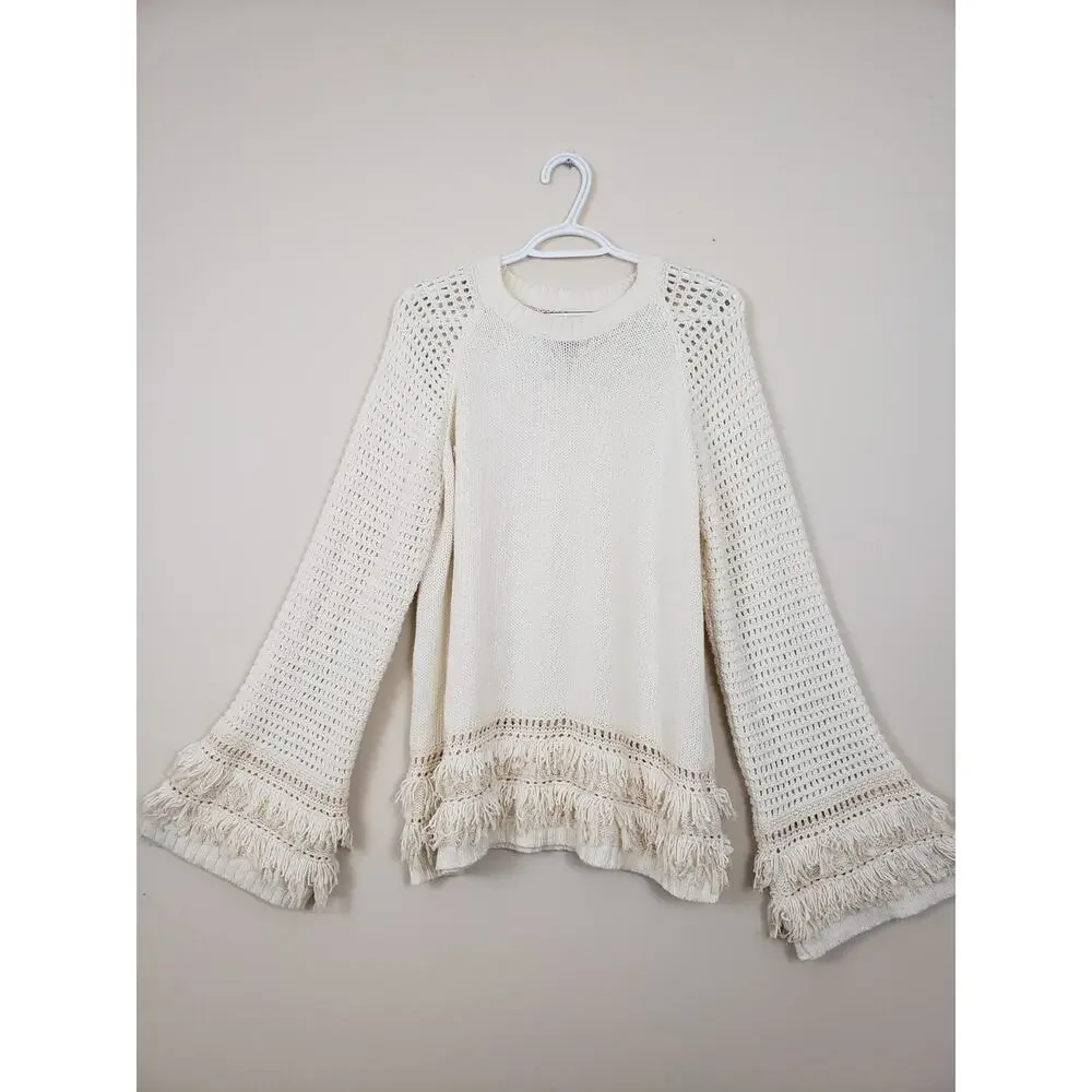 Y2K Chaser Womens Pullover Sweater Size XL Fringe Chunky Knit Ivory Boho Hippie